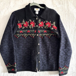 Vtg 90s Talbots Embroidered Cardigan Sweater M Lambs Wool Silk Cotton Hong Kong